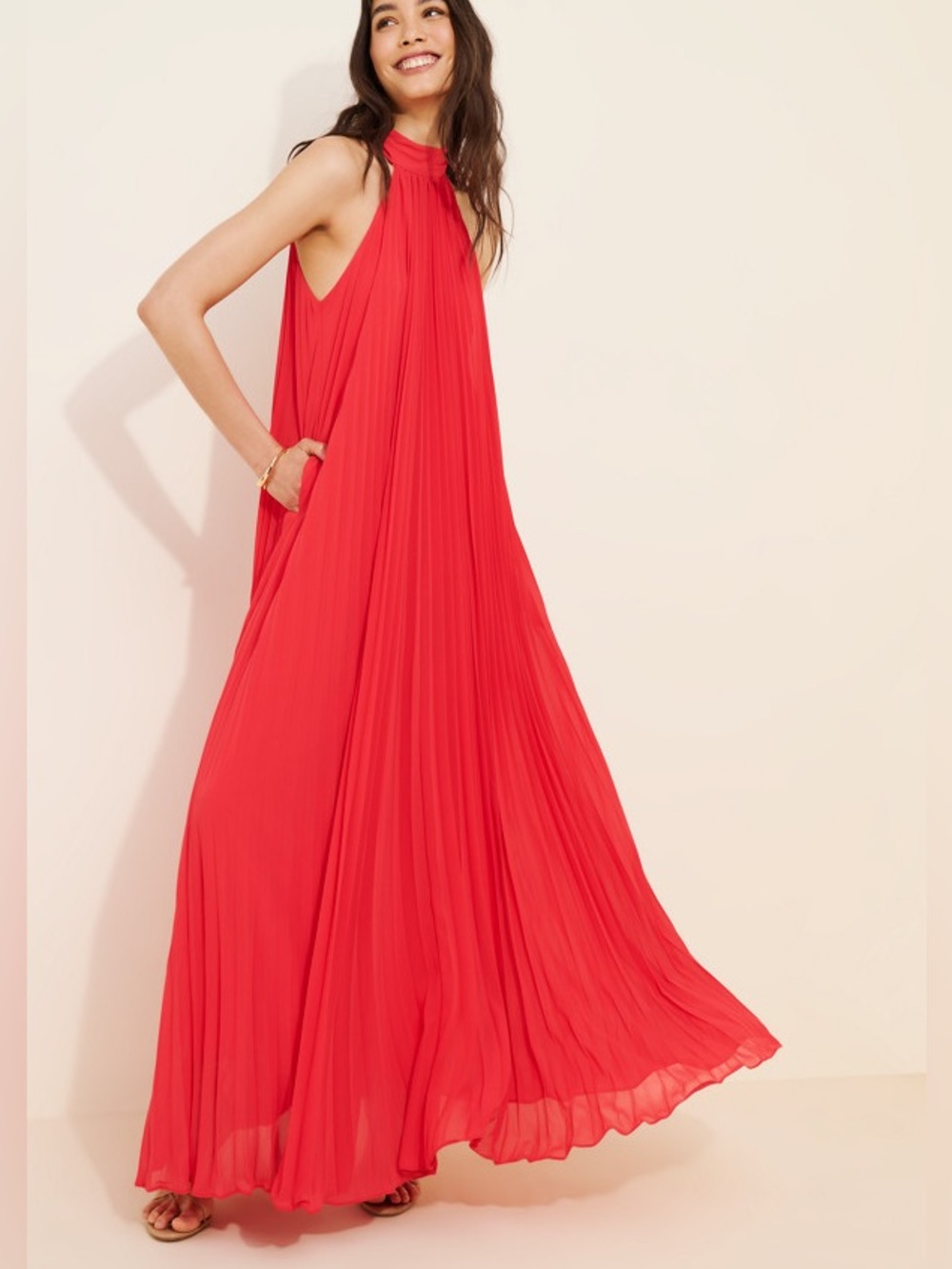 BHLDN Rosie High-Neck Pleated Chiffon Maxi Dress Red Gown Size small